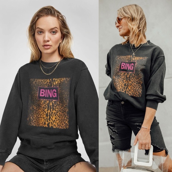 ANINE BING Ramona Leopard Graphic Distressed Sweatshirt Black Pink RARE - Picture 2 of 12